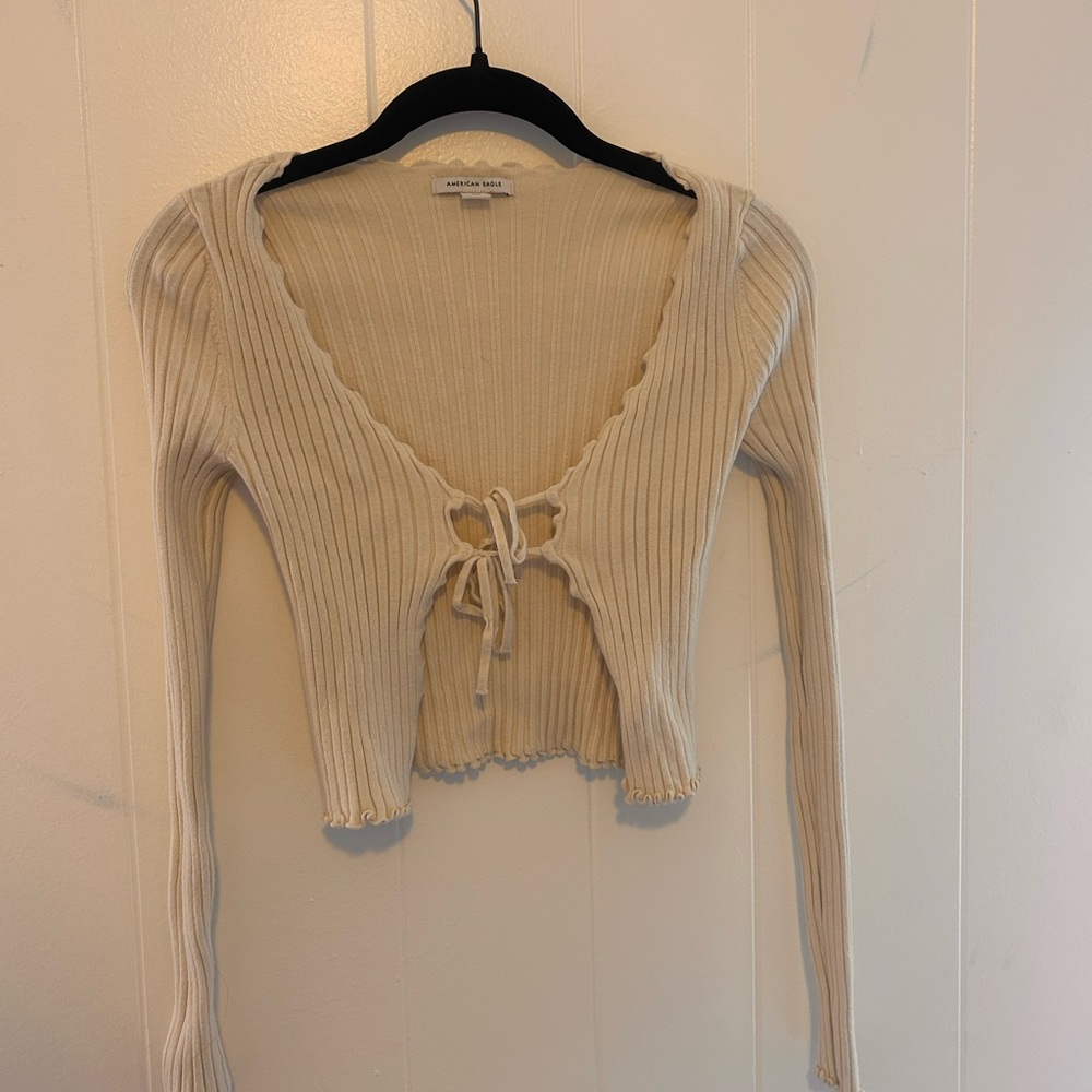 American Eagle Outfitters Cream Ribbed Tie-Front Crop Top
